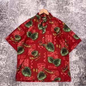 Vintage Hilo Hattie Hawaiian Shirt Large Mens Red Floral Outrigger Canoe Popover